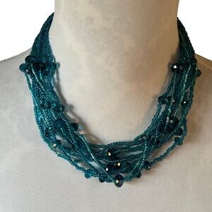 Multi-strand Teal Glass Beaded Statement Necklace